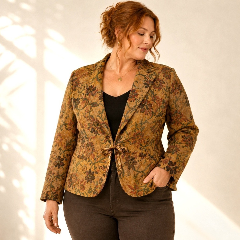 Samantha Lee Jacket Floral Tapestry 24W Camel Woven Ribbon Tie Boho Blazer 24 W